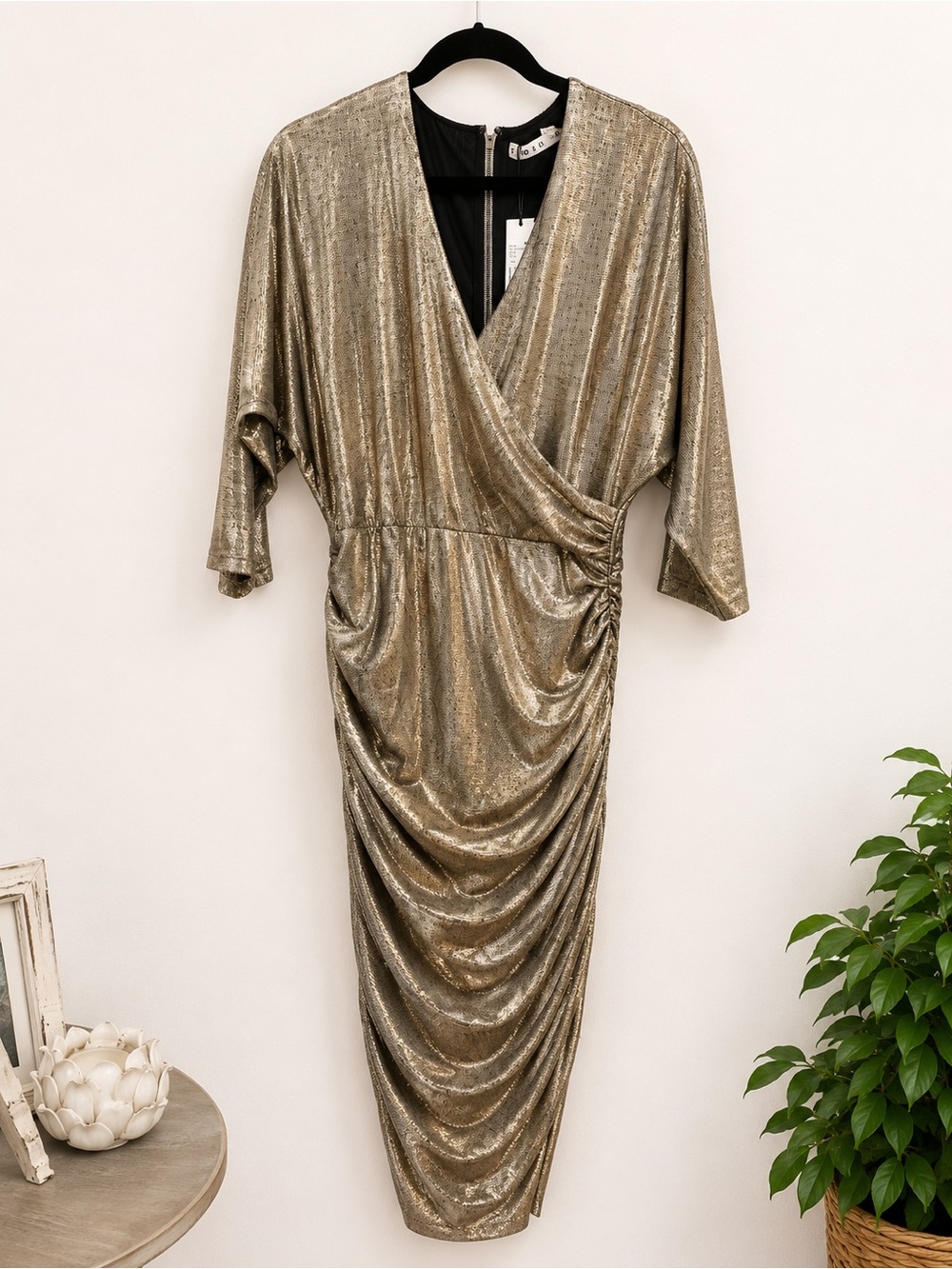 Alice + Olivia Metallic Gold Wrap Midi Dress with Ruched Skirt